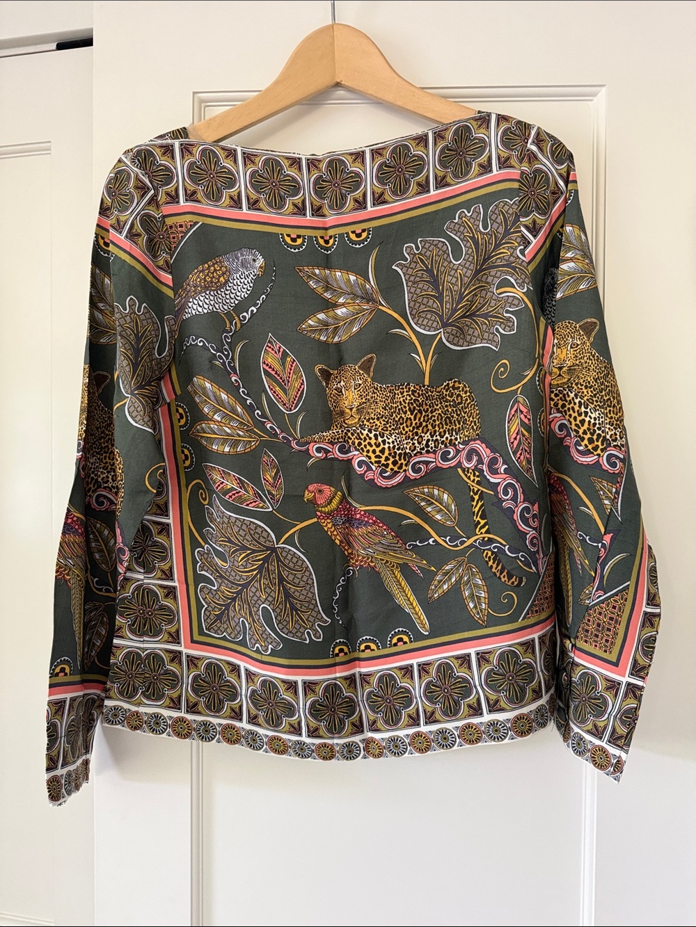 J. Crew Green Botanical Animal-Print Blouse with Pink and Gold Accents